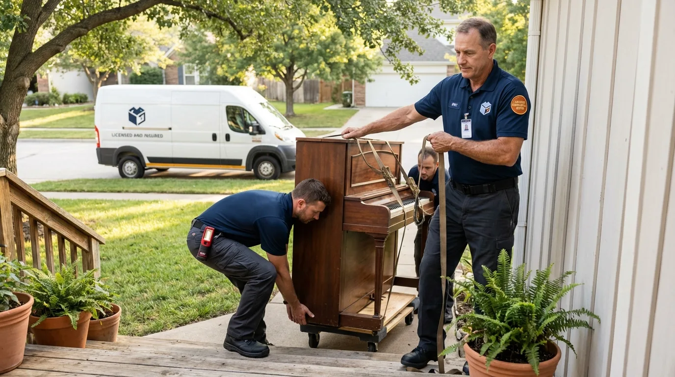 Licensed piano movers securing grand piano in Maiden, NC