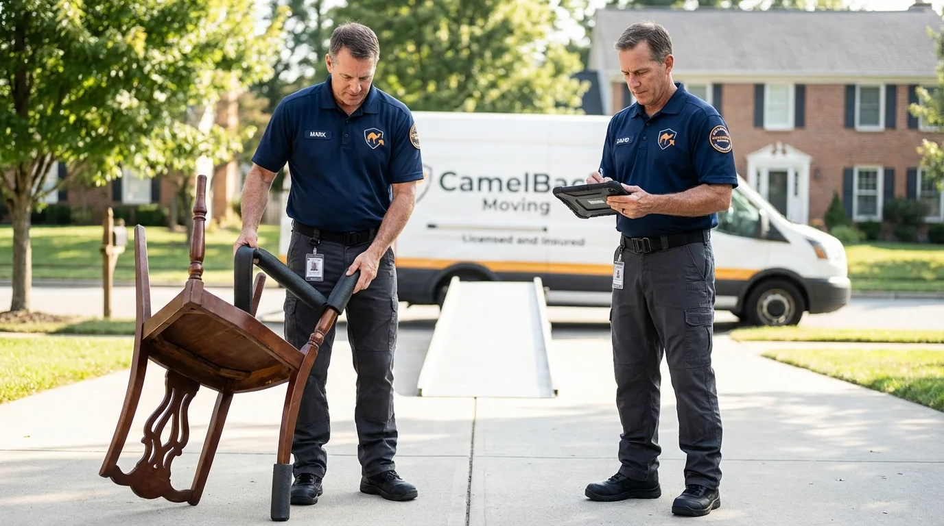 Movers inspecting furniture for damage prevention before loading in Maiden, NC