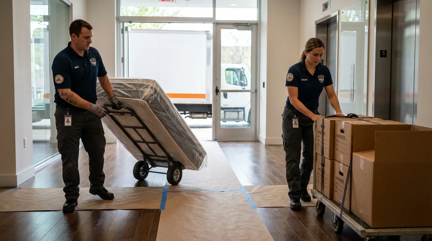 Professional apartment movers loading elevator in Maiden, NC