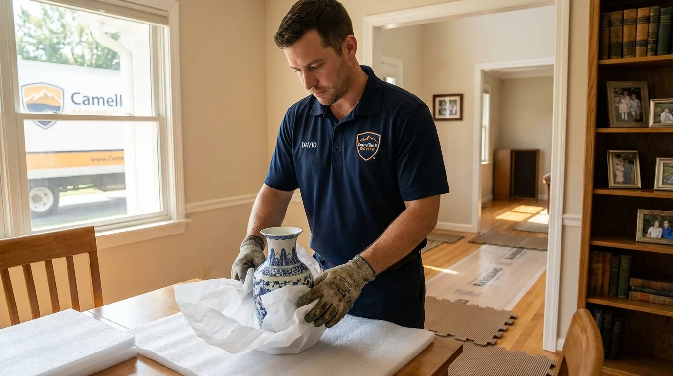 Professional crew carefully wrapping antique vase for senior downsizing move in Maiden, NC